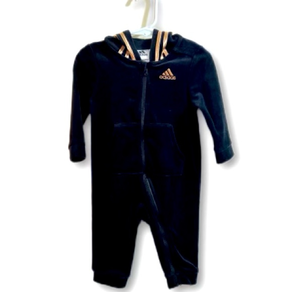 Adidas Baby size 9 months Velour black with gold stripe hooded romper